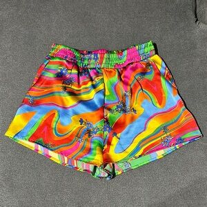 Vibrant Multi-Color Swirl Floral Satin Shorts (LARGE)